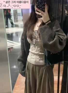 蝙蝠袖毛衣开衫套装女新款显瘦百搭麻花复古背心氛围感韩系两件套