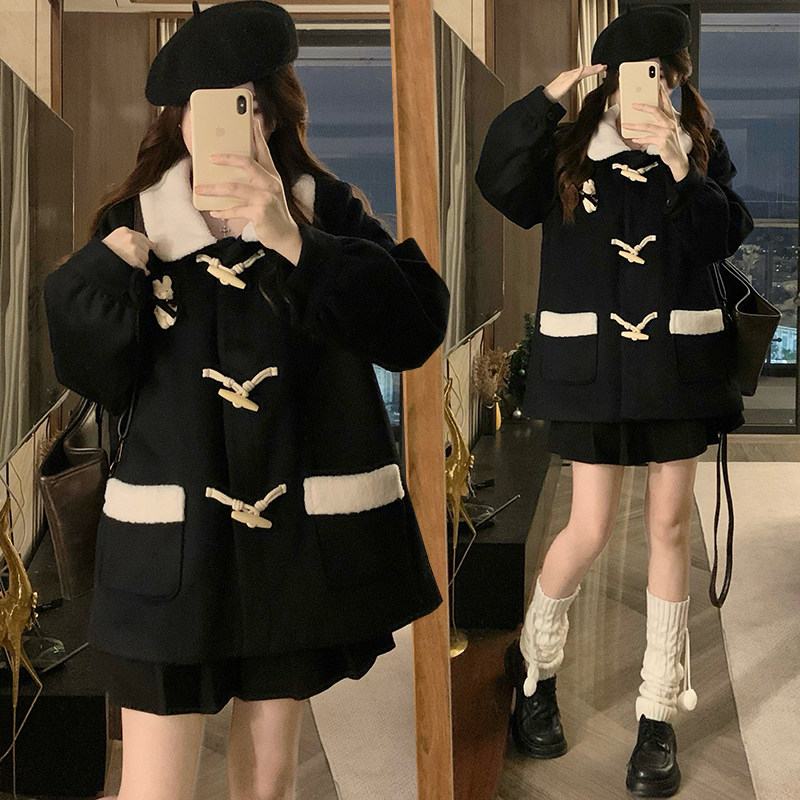 jk制服牛角扣大衣学院风夹棉毛呢短款外套绀色小个子