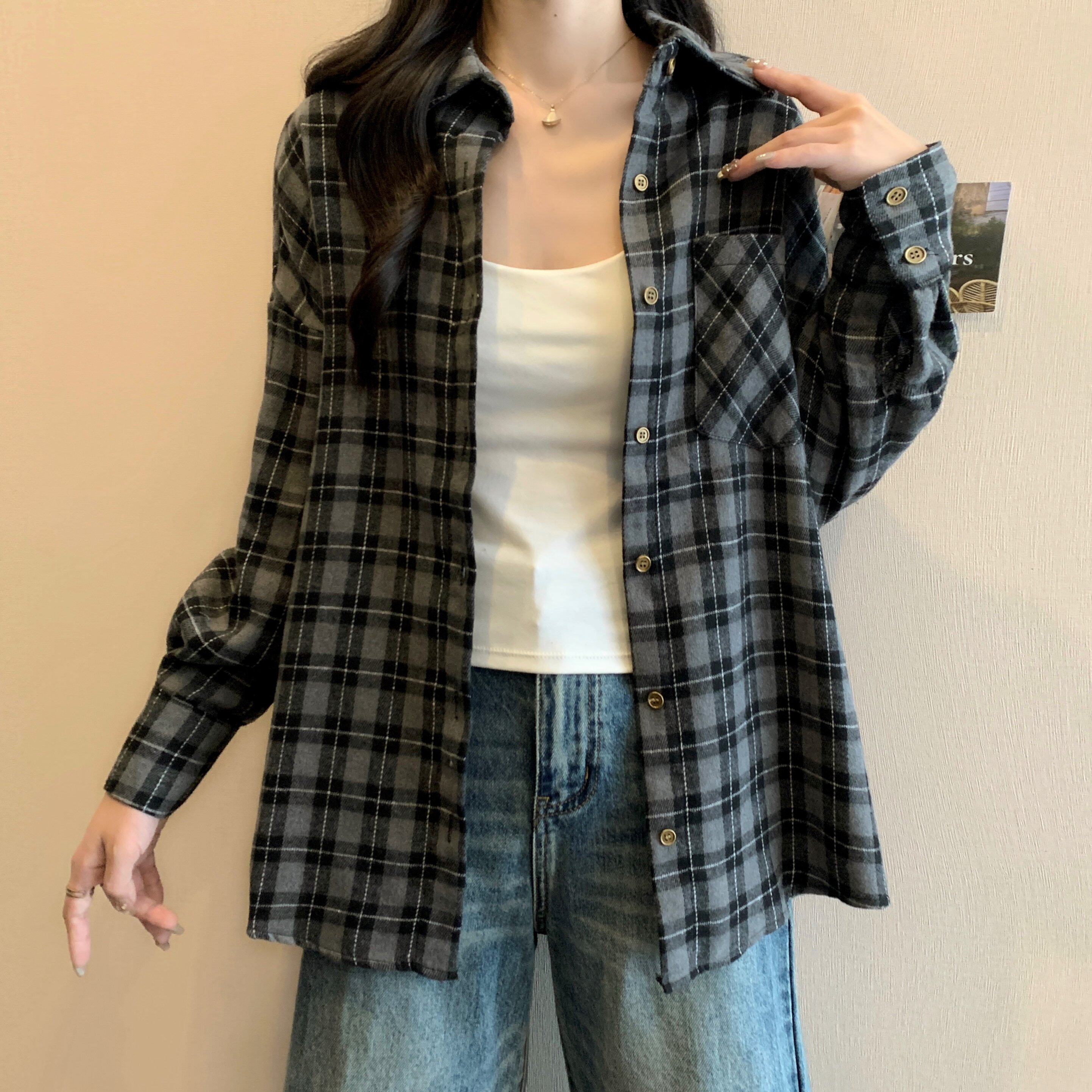 2026早春装大码女装格子休闲宽松衬衫设计感小众衬衣