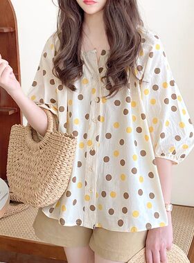 夏装新款大码女装韩版v领灯笼袖a字甜美波点娃娃衫衬M 4XL200斤