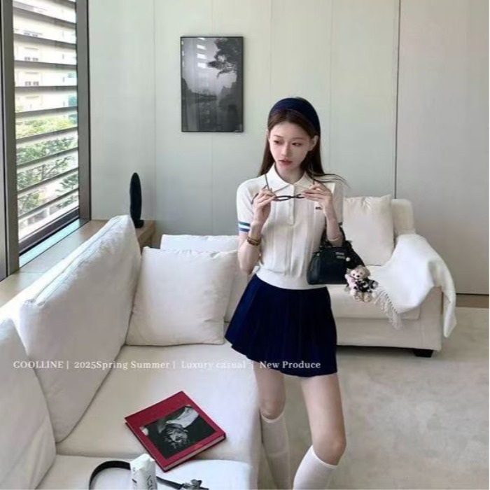 COOLLINE林子熙 氧系学妹 少女感miu系Polo针织衫套装藏青百褶裙