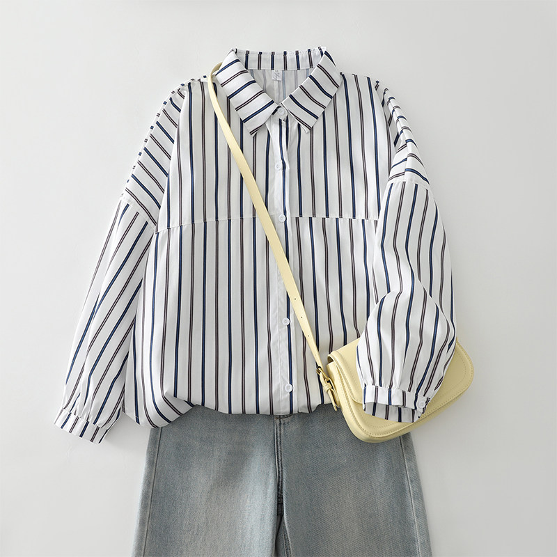早春新款大码复古条纹蝙蝠袖纯棉条纹长袖衬衫女减龄上衣