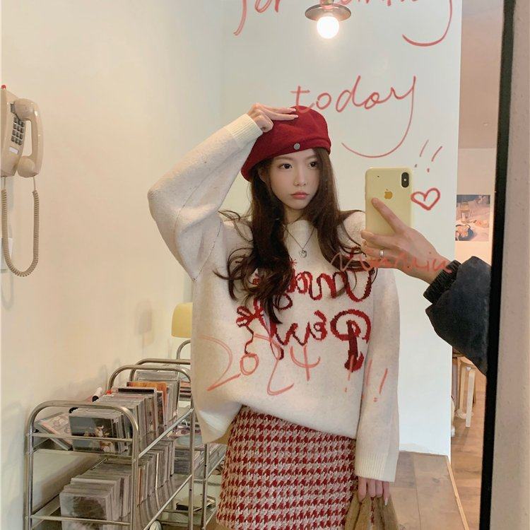 大码甜美圣诞套装女冬季慵懒风软糯毛衣上衣短裙两件套潮