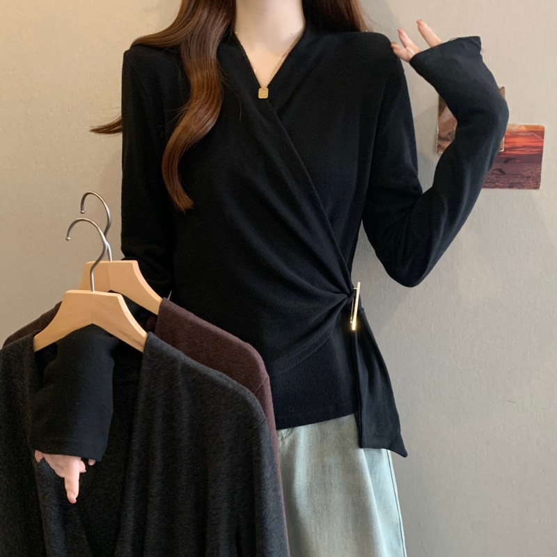 ~ 大码胖MM秋冬新款法式交叉V领长袖正肩羊绒磨毛长袖上衣