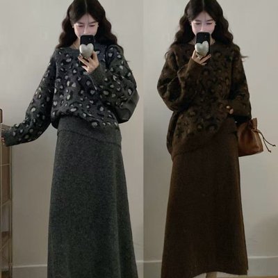 大码加厚设计感豹纹针织套装美拉德宽松毛衣+半身裙子两件套