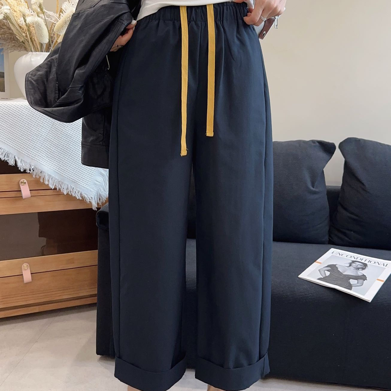 松紧高腰显瘦百搭休闲九分卷边裤