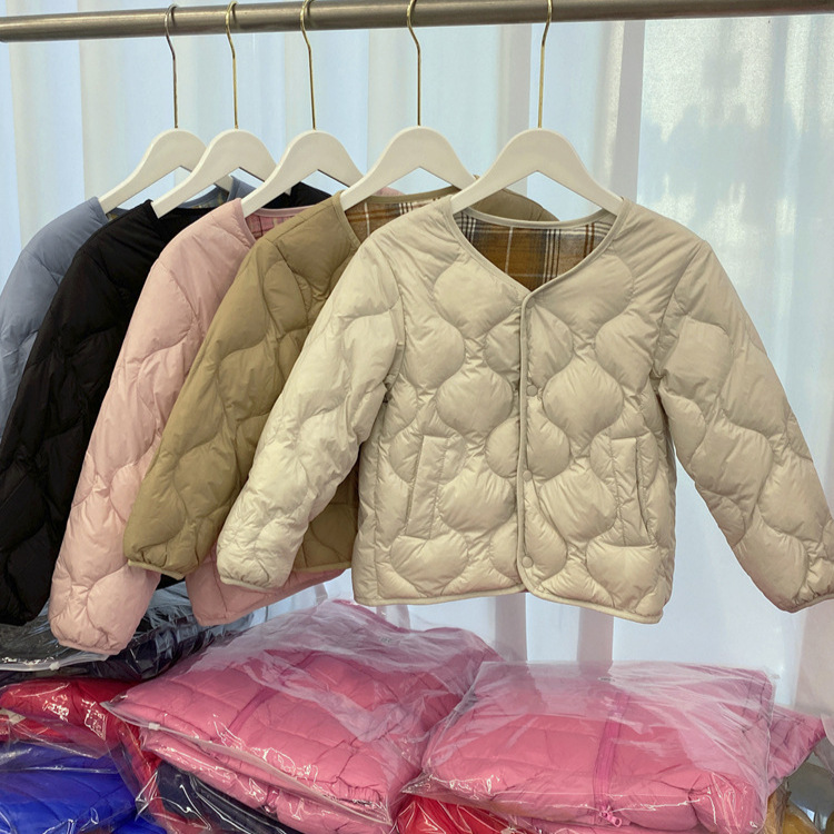 犹家双面穿格子无领内胆韩版儿童羽绒服男女童葫芦纹百搭轻薄外套