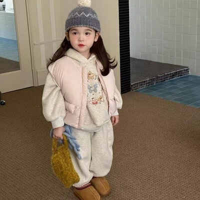 儿童装女童套装卡通花朵印花连帽加绒加厚卫衣加裤子25冬装新款潮