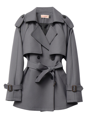 灰色经典廓形翻领收腰短款风衣女2026春秋新款小个子高级感外套女