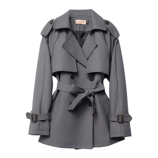 小个子高级感外套女 风衣女2026春秋新款 灰色经典 廓形翻领收腰短款