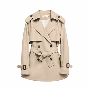 杏色休闲短款 双排扣小个子高级感灰色大衣 风衣外套女2026春新款