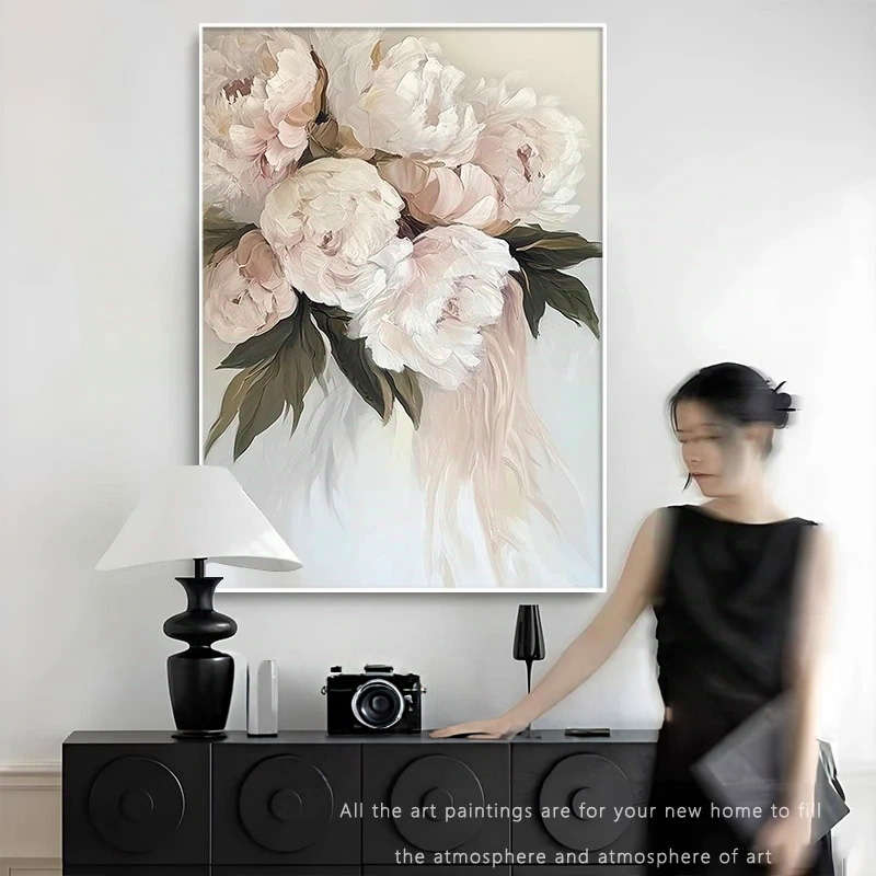 北欧奶油风抽象花卉装饰画客厅背景玄关牡丹花开挂画白色高级壁画图片