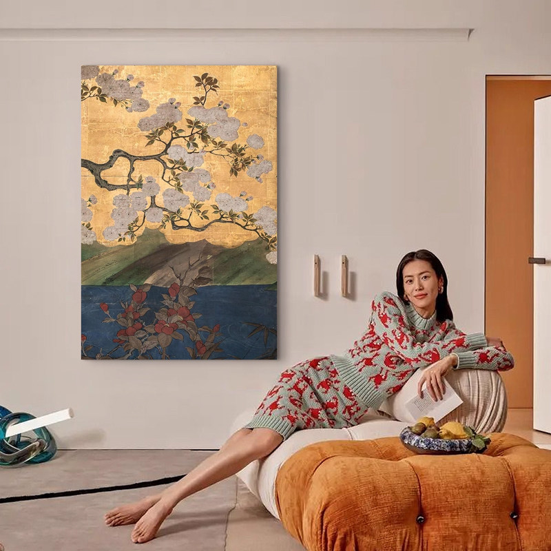 桃花源新中式客厅装饰画宋代美学金箔感玄关艺术挂画大尺寸可定制图片
