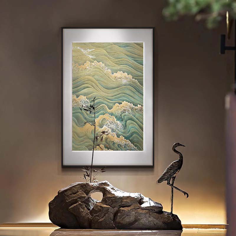 新中式青山绿水风景茶室书房背景装饰画花鸟图案客厅挂画餐厅壁画