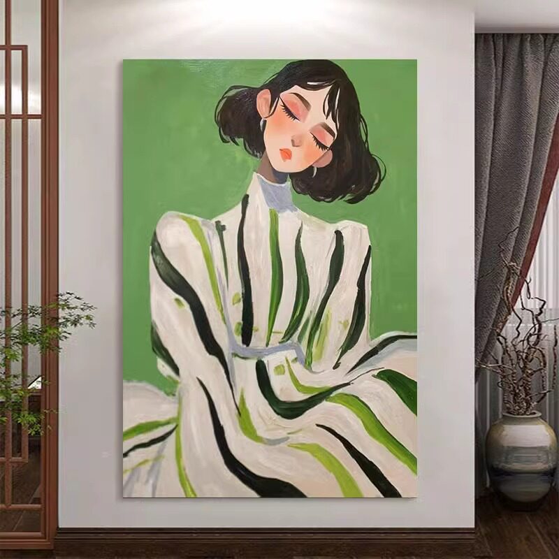 《淑女》抽象人物黑白线条客厅装饰画绿色系小众中古慵懒少女挂画