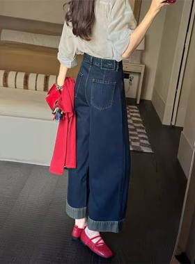 欧洲站九分牛仔裤女新款美式覆古春秋高腰宽松深蓝色垂感小个子直