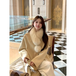 欧洲站高级感狐狸毛领双面羊绒呢子大衣短款小个子毛呢外套女2025