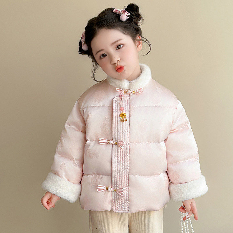 欧洲站女童拜年服冬装2025新款儿童羽绒棉服外套新中式宝宝冬季保