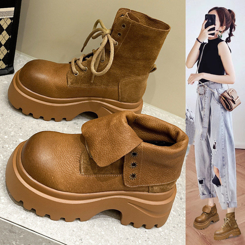 欧洲站10CM内增高马丁靴女2025新款英伦风棕色爆款短靴厚底小个子