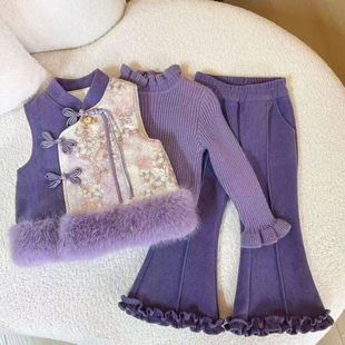 欧洲站女童新中式套装2025冬季儿童国风夹棉马甲打底衫加绒裤子三