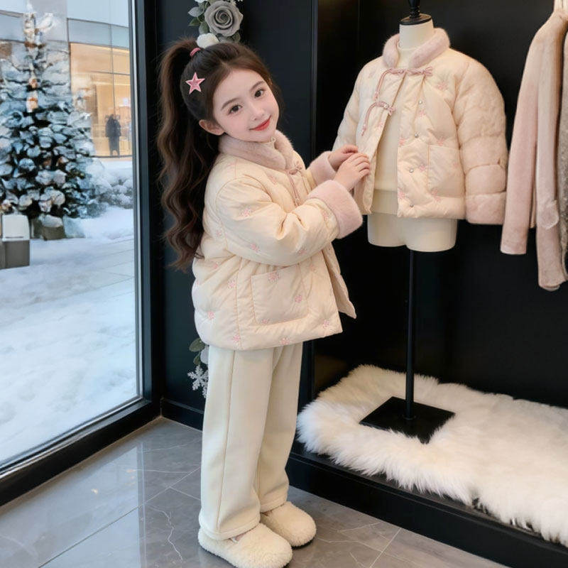 欧洲站女童冬季加厚保暖新中式羽绒服2026新款女孩洋气中式立领粉