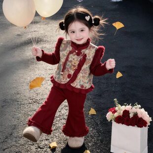 欧洲站女童新中式套装2025冬季儿童国风红色加绒加厚花边马甲宝宝