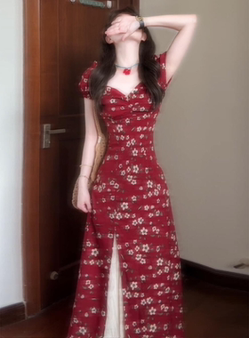 欧洲站法式方领红色碎花短袖洋装女夏2025新款高级感气质开叉雪纺