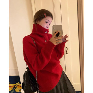 欧洲站红色高领毛衣女秋冬季慵懒风外穿宽松加厚软糯套头设计感保