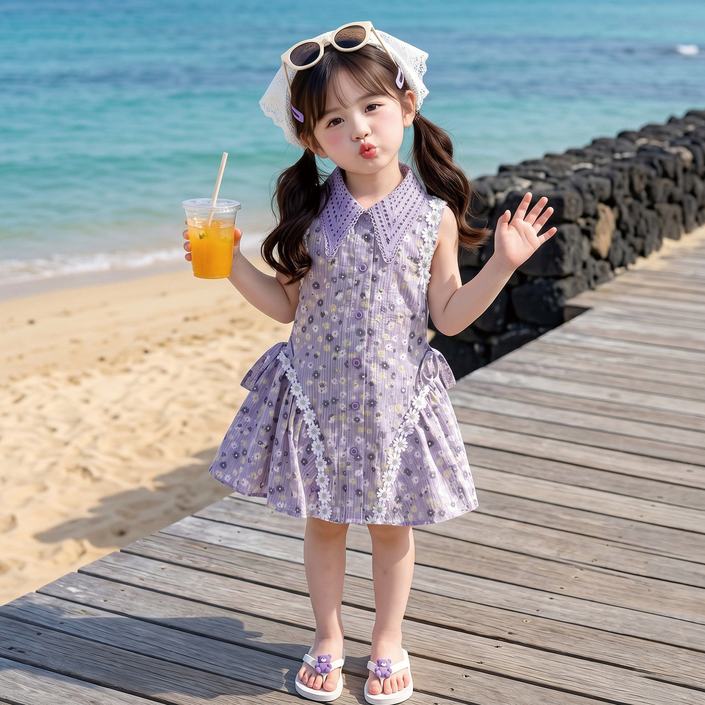 欧洲站女童夏日紫色碎花