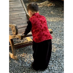 欧洲站男童中式拜年马甲秋冬2026新款唐装儿童国风红色喜庆背心宝
