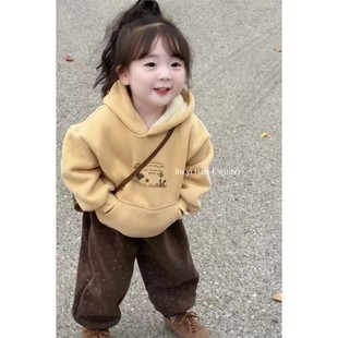 欧洲站儿童加绒卫衣套装2025秋冬款加厚一体绒连帽卫衣碎花灯笼裤