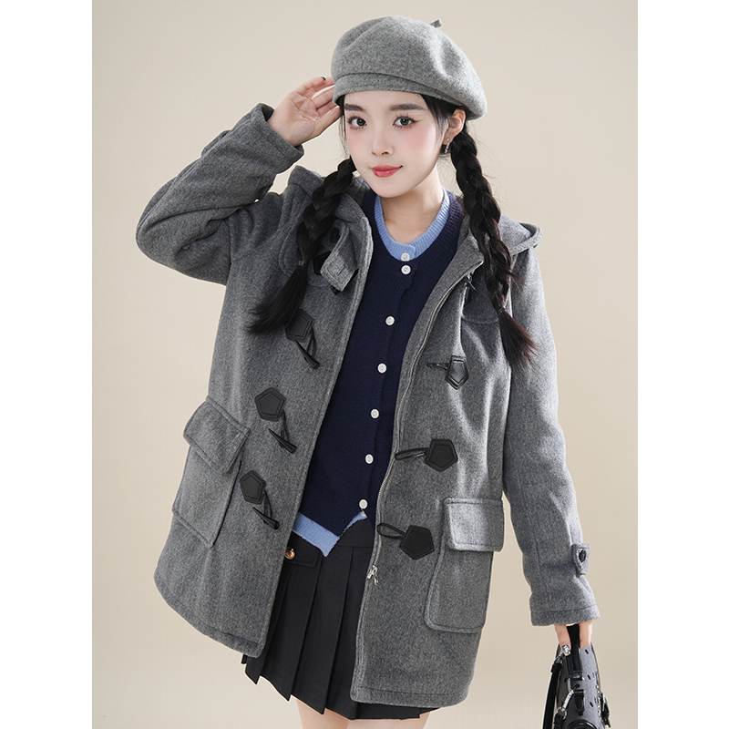 日系学院风菱兰高校jk牛角扣大衣保暖夹棉加厚秋冬毛呢外套