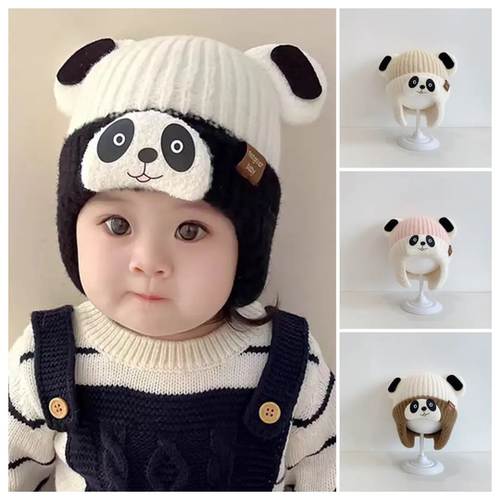 儿童帽子秋冬毛线帽男宝宝熊猫婴幼儿可爱针织厚保暖护耳婴儿帽子