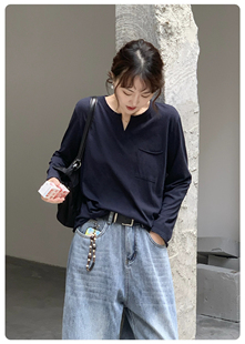 SEAWHEN海维恩随性主义毛边T恤亨利领薄款 春夏女士上衣 雪花棉长袖