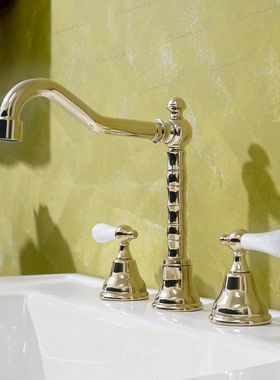 出口英国订单 NP嘴 过WS 陶瓷把手双开 三孔金色复古面盆水龙头