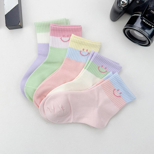 女童袜子春秋纯棉中筒袜公主可爱女孩笑脸彩色秋季中大童宝宝棉袜