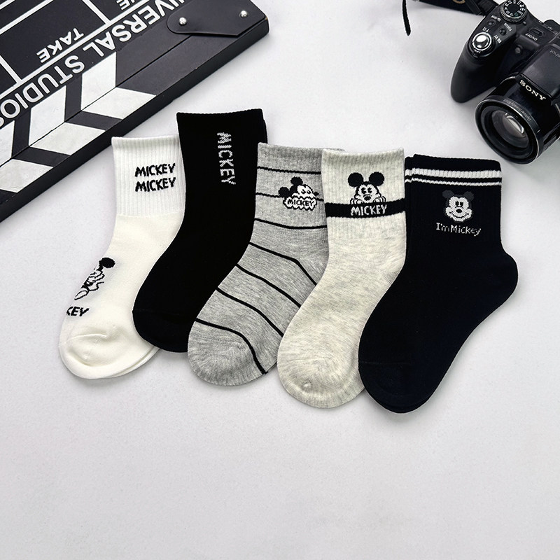 儿童袜子春秋纯棉男童女童韩版中筒袜可爱米奇纯色童袜秋宝宝棉袜