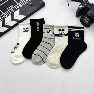 儿童袜子春秋纯棉男童女童韩版中筒袜可爱米奇纯色童袜秋宝宝棉袜