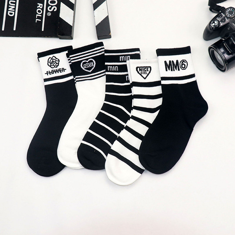 儿童袜子男女童秋冬纯棉无骨中筒袜春秋季中大童棉袜黑白色高筒袜
