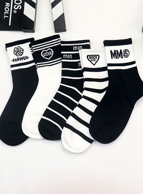 儿童袜子男女童秋冬纯棉无骨中筒袜春秋季中大童棉袜黑白色高筒袜