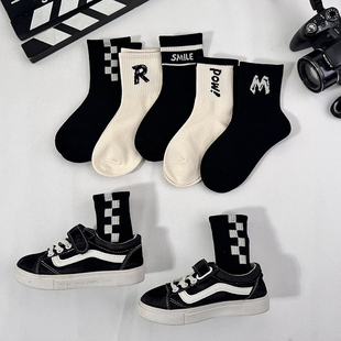 爱滴嗒儿童袜子秋冬季纯棉中筒袜男童女童中大童加厚保暖字母潮袜