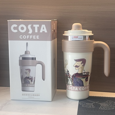 COSTA 炫彩冰霸吸管杯奶咖色316不锈钢保温杯1000ml绝版可爱粉杯