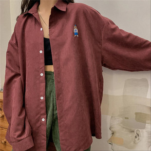维尼酒红色小熊刺绣衬衫女韩版宽松2020秋季新款百搭长袖上衣