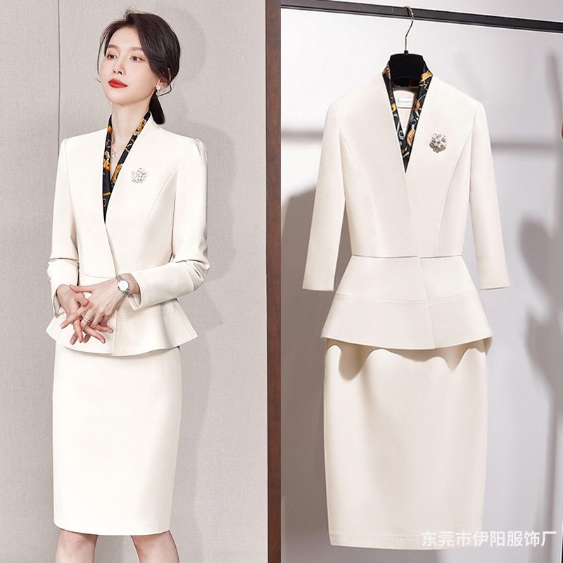 高端职业女裙套装米白色西装外套西服时尚商务正装女美容师工作服