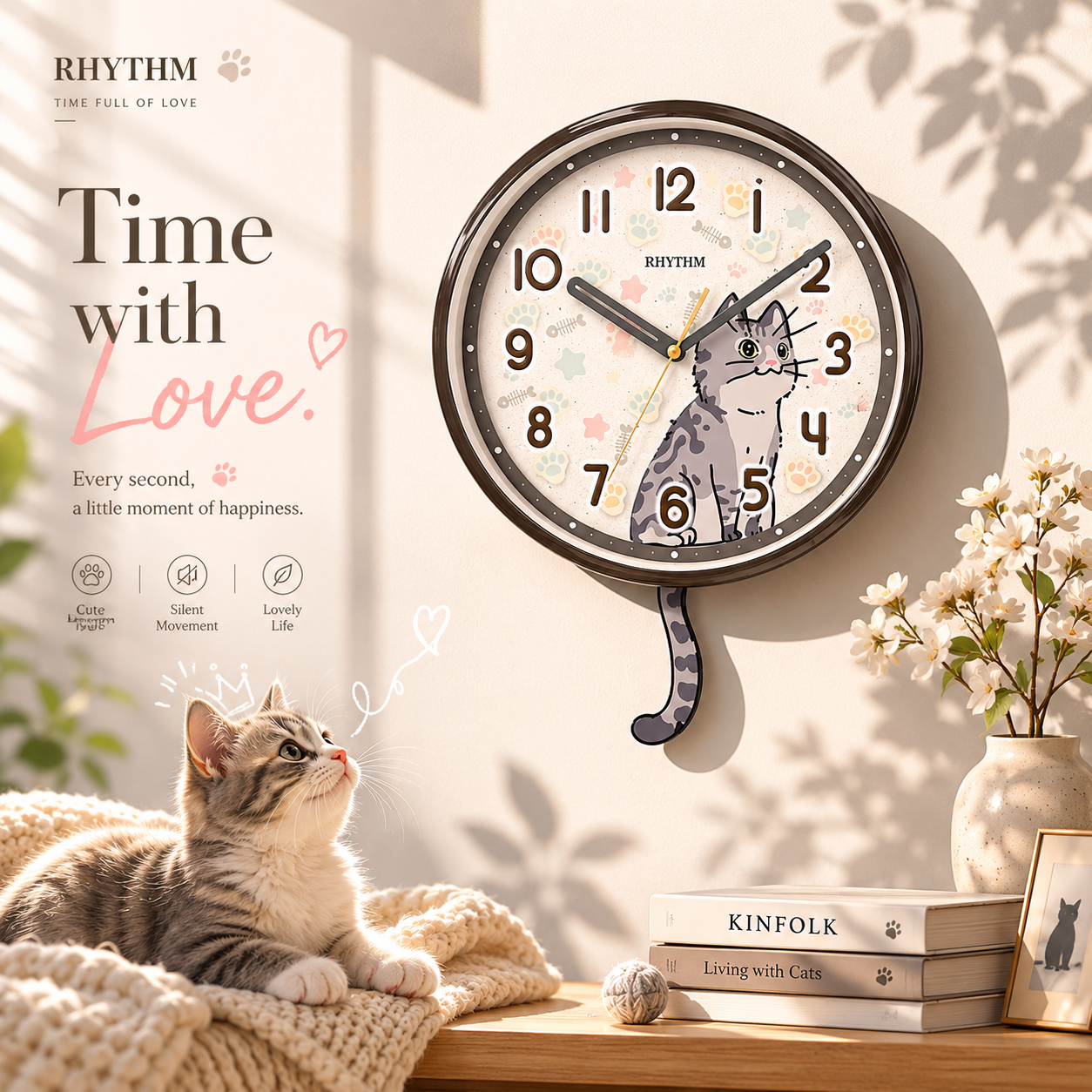 日本丽声RHYTHM静音扫描创意卧室房间客厅时尚简约小猫咪摇摆挂钟