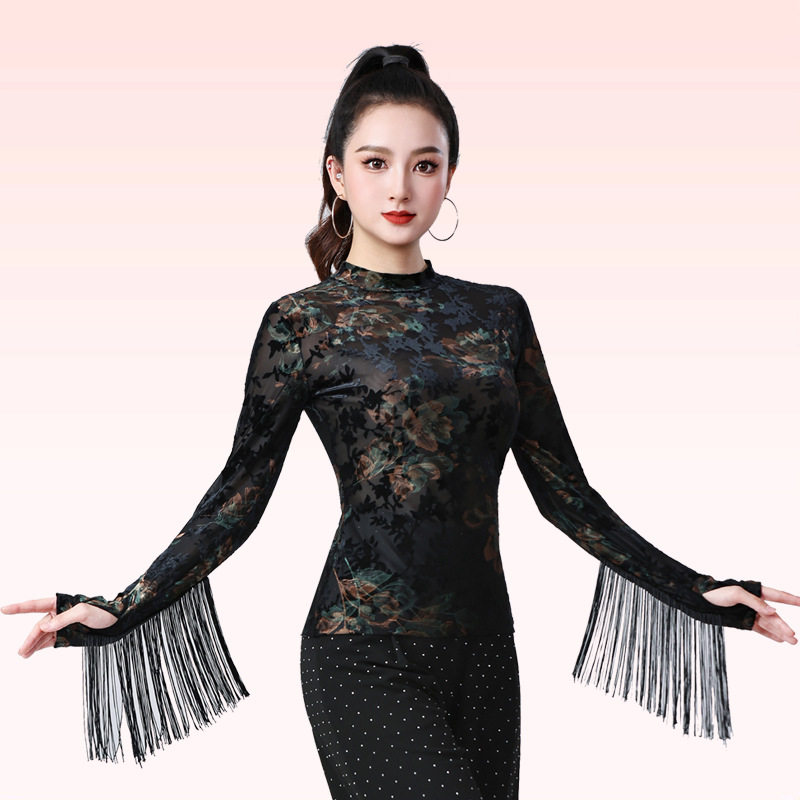 拉丁舞服装女成人连体 上衣国标摩登舞长袖流苏训练服吉特巴演出
