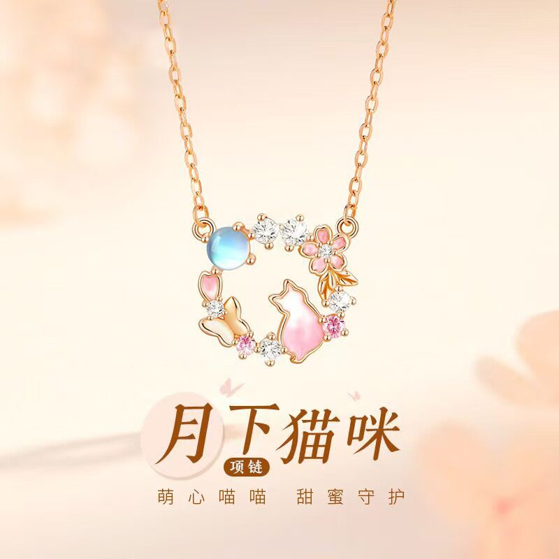 s925纯银月下猫咪项链女轻奢项链