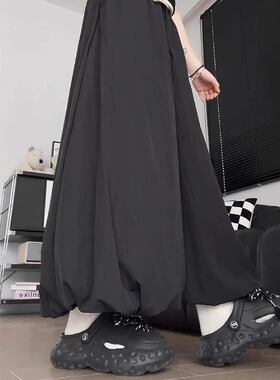 黑色花苞裙裤女夏季大码胖mm200斤高腰显瘦宽松垂感休闲阔腿长裤