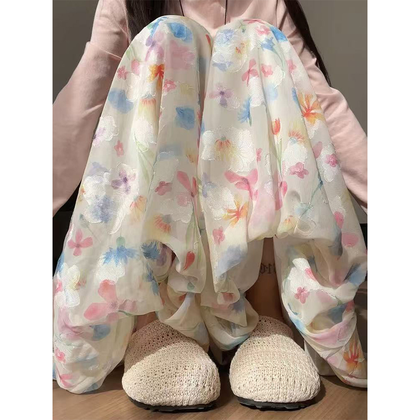 春夏大码高腰显瘦垂感碎花灯笼裤图片