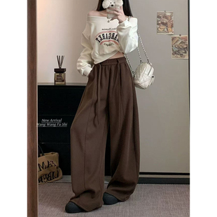 阔腿裤 垂感大码 子 女秋冬胖mm300斤宽松休闲运动裤 咖色复古弯刀裤